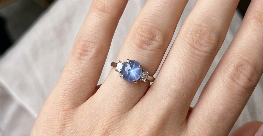 hand A fine platinum* ring. Features a lovely sky blue sapphire with 'star sapphire ' chatoyancy , measures 10x9mm, (est 4 carats) held by four claws, cabouchon cut