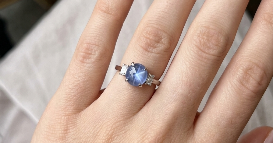 hand A fine platinum* ring. Features a lovely sky blue sapphire with 'star sapphire ' chatoyancy , measures 10x9mm, (est 4 carats) held by four claws, cabouchon cut