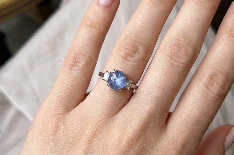 hand A fine platinum* ring. Features a lovely sky blue sapphire with 'star sapphire ' chatoyancy , measures 10x9mm, (est 4 carats) held by four claws, cabouchon cut