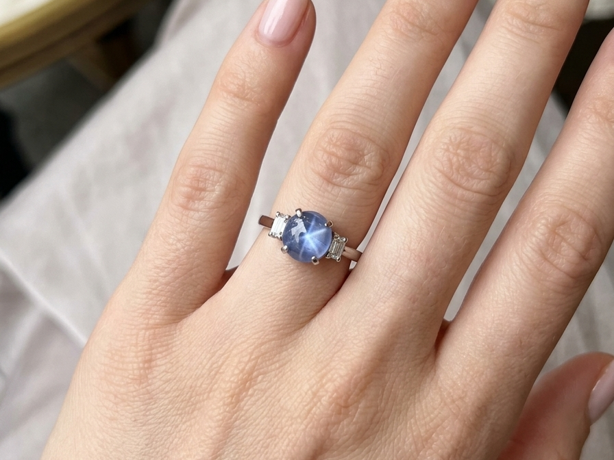 hand A fine platinum* ring. Features a lovely sky blue sapphire with 'star sapphire ' chatoyancy , measures 10x9mm, (est 4 carats) held by four claws, cabouchon cut