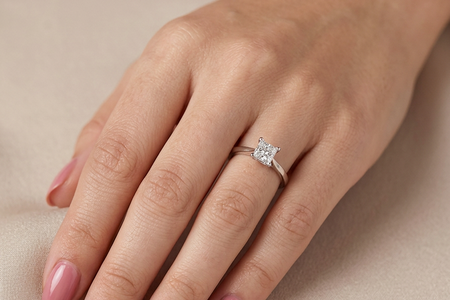 hand A fine solitaire ring featuring a square cut diamond of excellent quality.
Superb colour grade of E, excellent clarity- graded VVS2*. Stone measures 5x5x3.68, confirmed as 0.83 carats.
