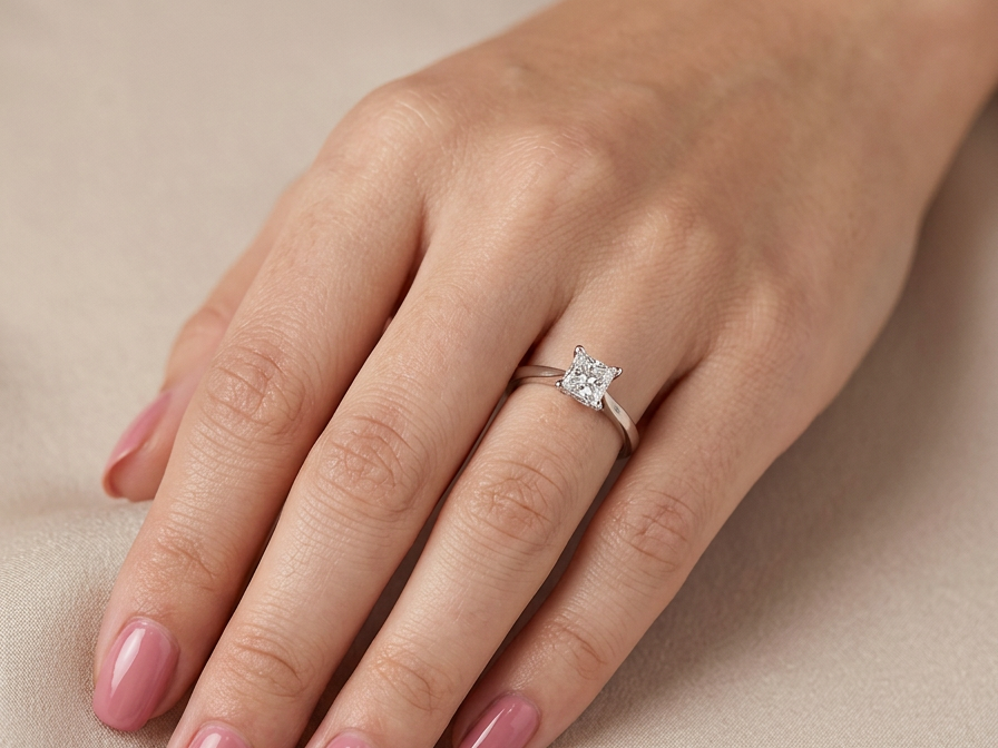 hand A fine solitaire ring featuring a square cut diamond of excellent quality.
Superb colour grade of E, excellent clarity- graded VVS2*. Stone measures 5x5x3.68, confirmed as 0.83 carats.
