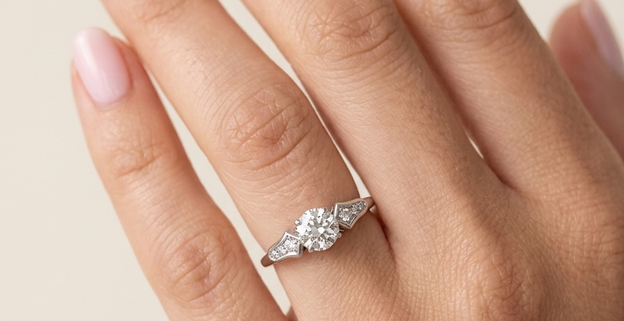hand A fine solitaire ring featuring an e lovely brilliant cut white diamond. Measures 6.3mm (est 0.85 carats) very bright white stone, colour H-i, clarity VS. Head depth 7mm. 