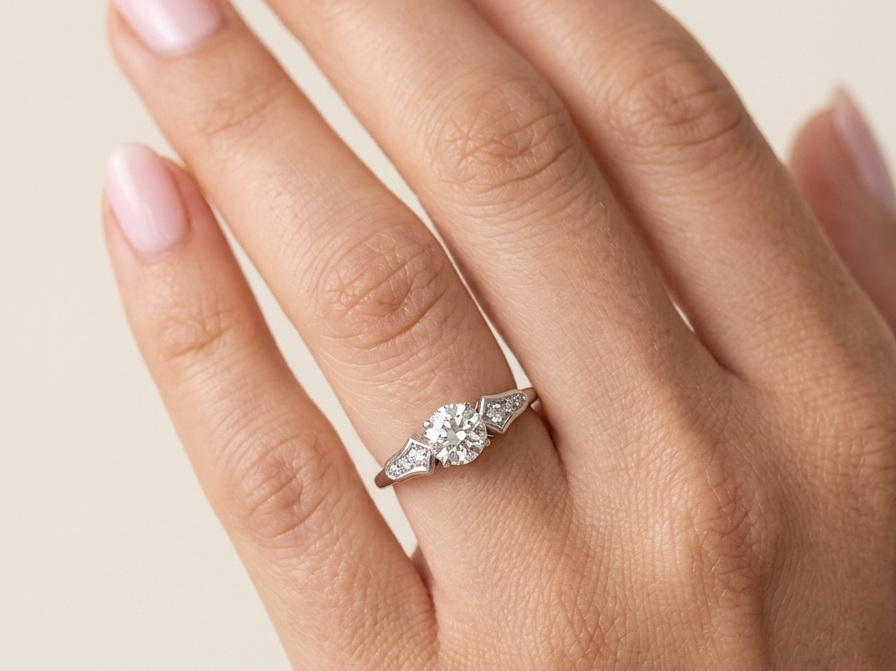 hand A fine solitaire ring featuring an e lovely brilliant cut white diamond. Measures 6.3mm (est 0.85 carats) very bright white stone, colour H-i, clarity VS. Head depth 7mm. 