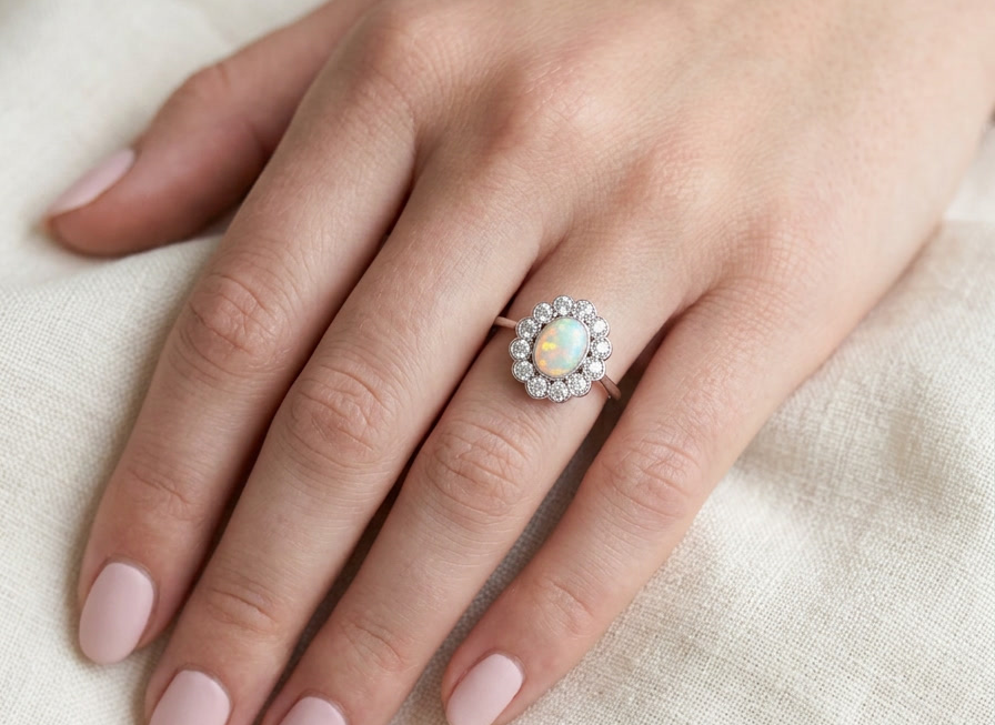 hand A fine vintage cluster ring. Features to the centre an oval shaped opal, with excellent play of colour, pink to one way, vibrant green to the other with flashes of electric blue also within the body of the gem.