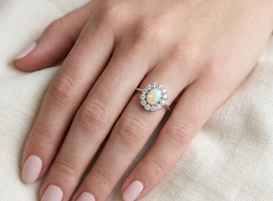 hand A fine vintage cluster ring. Features to the centre an oval shaped opal, with excellent play of colour, pink to one way, vibrant green to the other with flashes of electric blue also within the body of the gem.