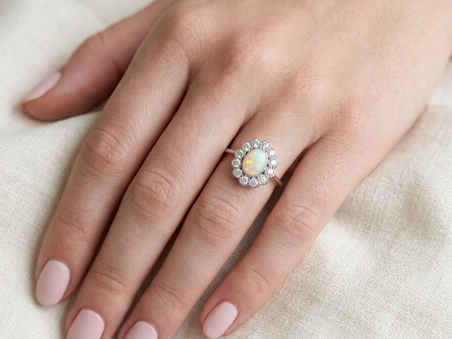 hand A fine vintage cluster ring. Features to the centre an oval shaped opal, with excellent play of colour, pink to one way, vibrant green to the other with flashes of electric blue also within the body of the gem.