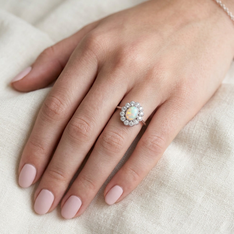 hand A fine vintage cluster ring. Features to the centre an oval shaped opal, with excellent play of colour, pink to one way, vibrant green to the other with flashes of electric blue also within the body of the gem.