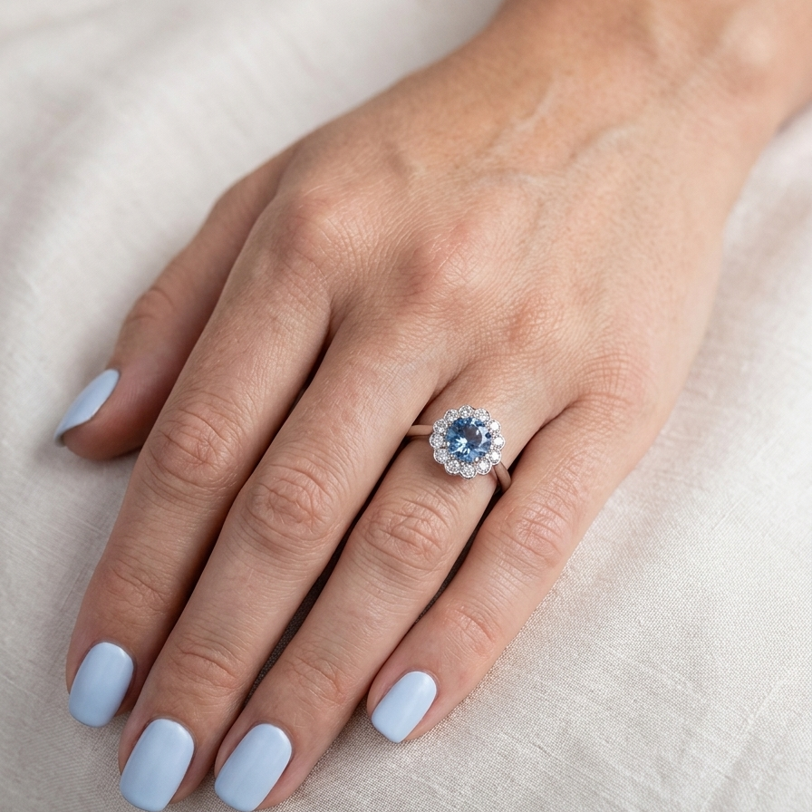 hand A fine vintage cluster ring centred with a deep blue aquamarine, measuring approximately 8mm and estimated at 2 carats, securely claw set.