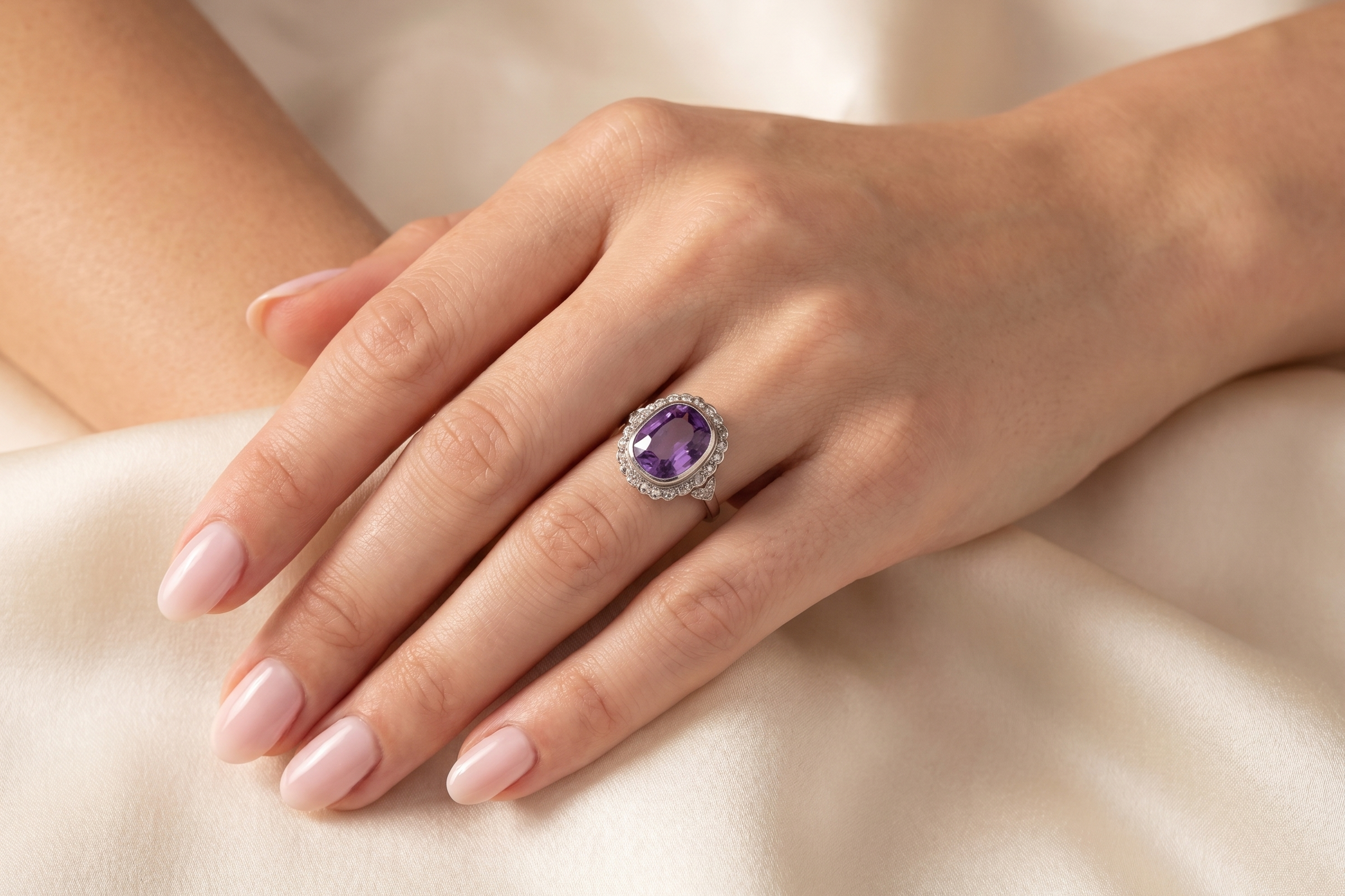 hand A fine vintage ring. Features to the centre a large cushion shaped amethyst, 13x10mm, rim setting.