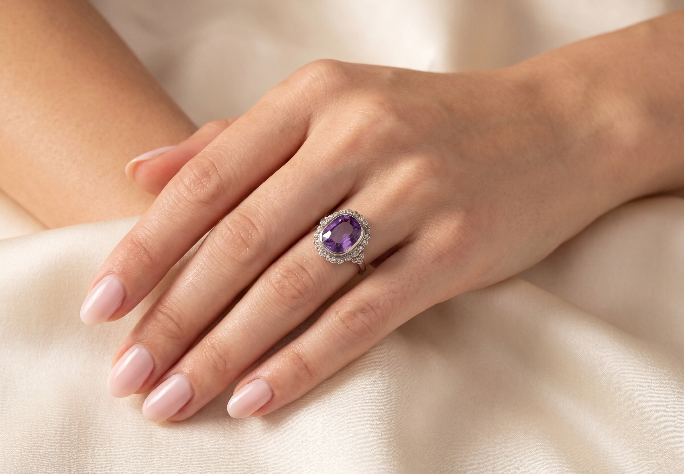 hand A fine vintage ring. Features to the centre a large cushion shaped amethyst, 13x10mm, rim setting.