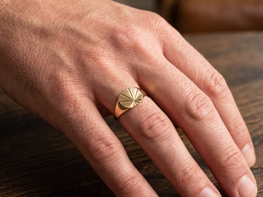 hand A gentleman's 9 carat gold 'TV' shaped signet ring.
The head measures 13x13mm, fully diamond cut. Weight 4.7grams, hallmarks for London 1973.