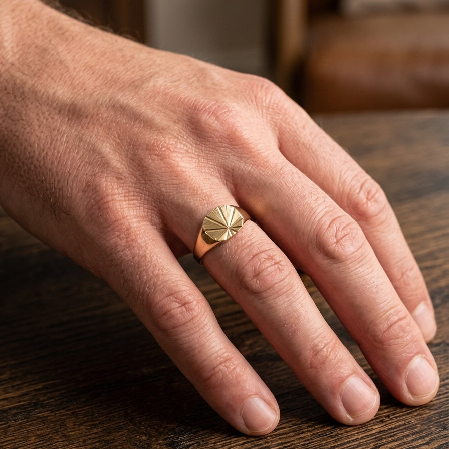 hand A gentleman's 9 carat gold 'TV' shaped signet ring.
The head measures 13x13mm, fully diamond cut. Weight 4.7grams, hallmarks for London 1973.
