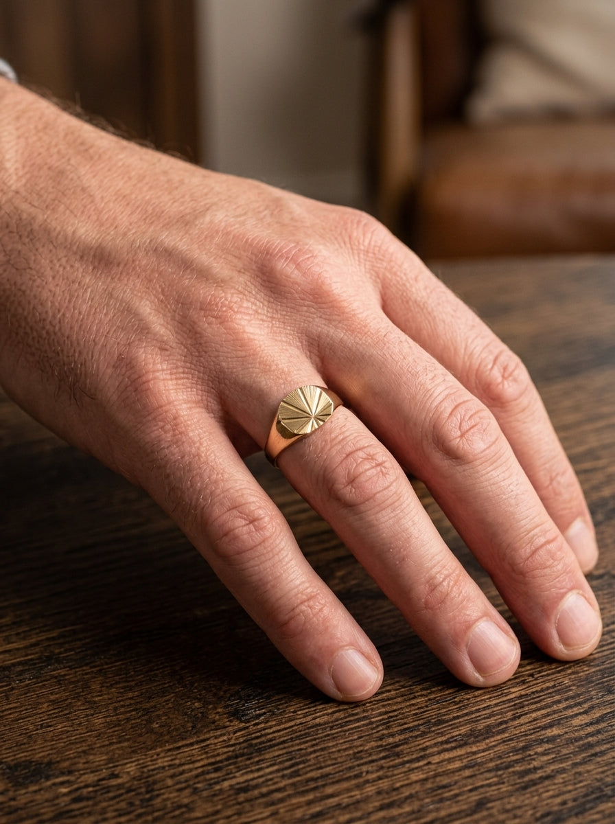 hand A gentleman's 9 carat gold 'TV' shaped signet ring.
The head measures 13x13mm, fully diamond cut. Weight 4.7grams, hallmarks for London 1973.