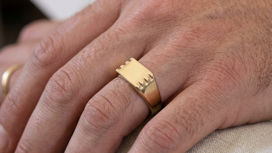 hand A gentleman's 9 carat gold signet ring. Rectangular shaped head, plain polished surface and suitable for initials to be engraved.