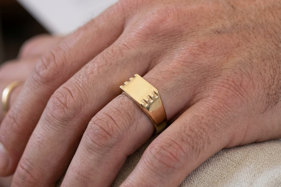 hand A gentleman's 9 carat gold signet ring. Rectangular shaped head, plain polished surface and suitable for initials to be engraved.