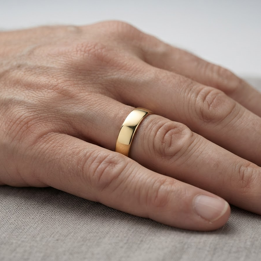 hand A gentleman's 9 carat gold wedding ring.
Width 6mm, plain D shape profile. Weight 2.9grams. 