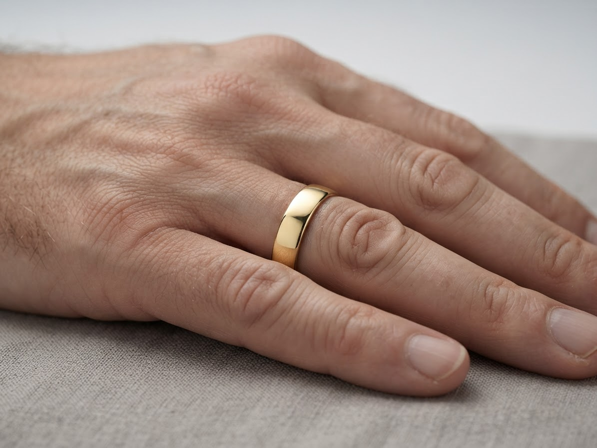 hand A gentleman's 9 carat gold wedding ring.
Width 6mm, plain D shape profile. Weight 2.9grams. 