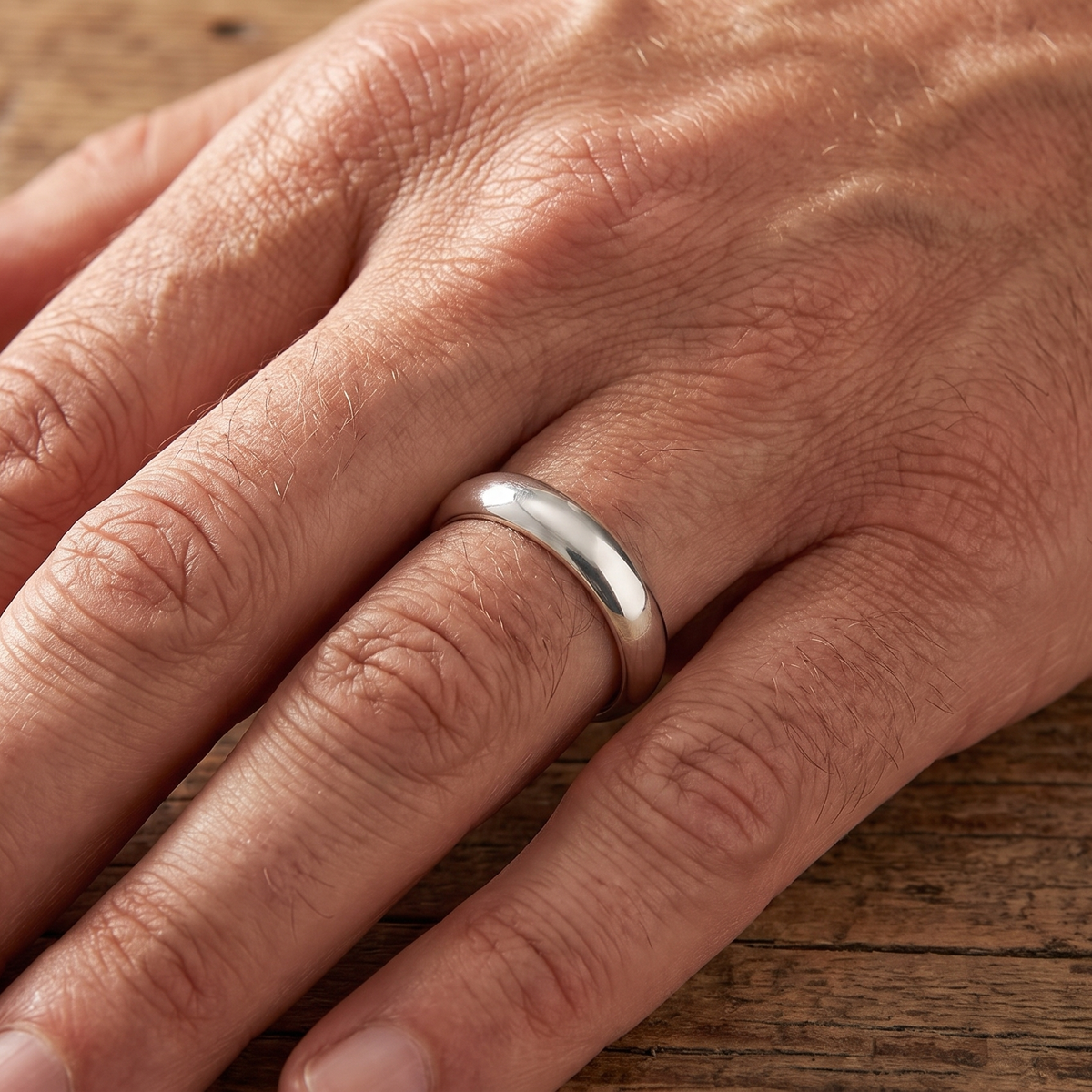 hand A gentleman's 9 carat white gold wedding ring. Width 5.5mm, plain D shape profile.