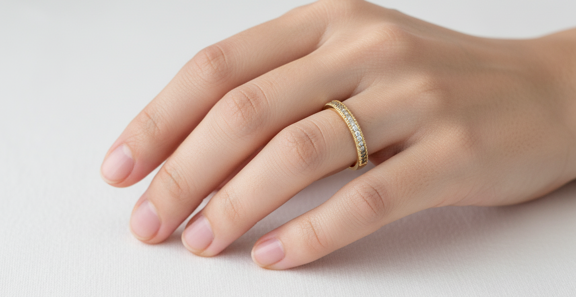 hand A half-hoop eternity ring set with approximately twenty-four white diamonds