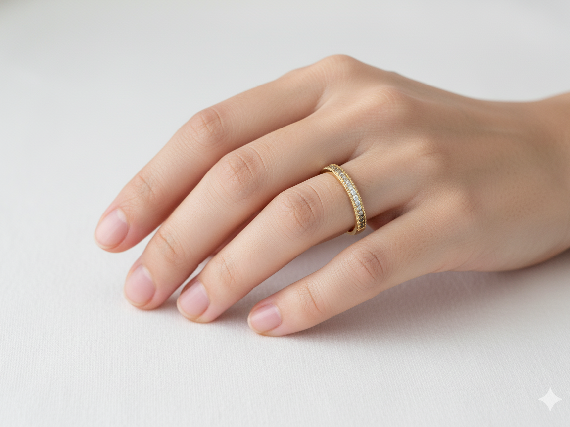 hand A half-hoop eternity ring set with approximately twenty-four white diamonds