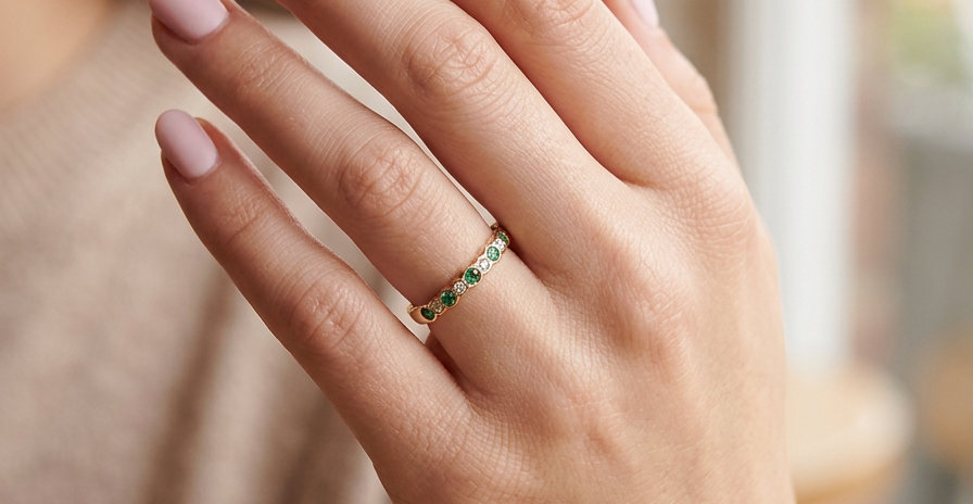 hand A half hoop eternity ring. Set with five round emeralds, each 3mm (0.10 carats) and set with an alternate brilliant cut white diamond, 2.4mm each (total 0.20 carats)
