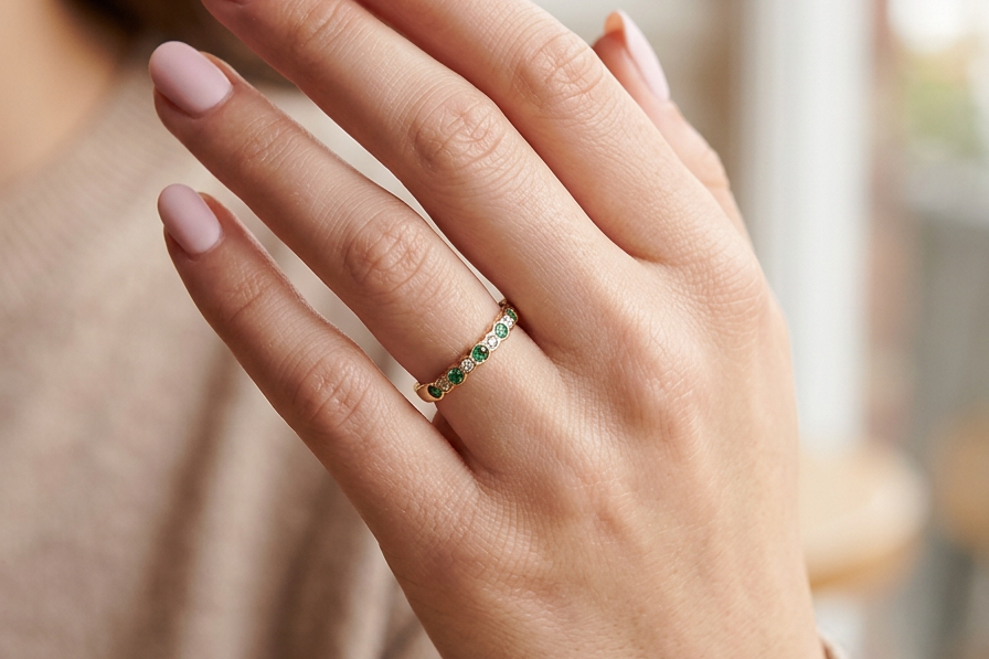 hand A half hoop eternity ring. Set with five round emeralds, each 3mm (0.10 carats) and set with an alternate brilliant cut white diamond, 2.4mm each (total 0.20 carats)