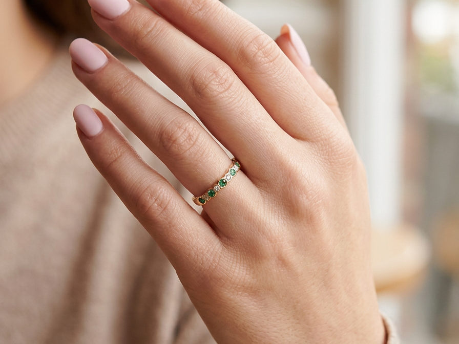 hand A half hoop eternity ring. Set with five round emeralds, each 3mm (0.10 carats) and set with an alternate brilliant cut white diamond, 2.4mm each (total 0.20 carats)