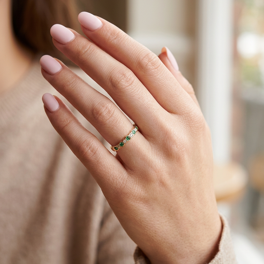 hand A half hoop eternity ring. Set with five round emeralds, each 3mm (0.10 carats) and set with an alternate brilliant cut white diamond, 2.4mm each (total 0.20 carats)