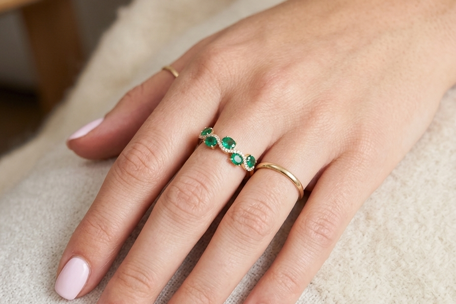 hand A half hoop ring with a very attractive line of oval cut emeralds, each 4x3mm, a lovely deep grass green hue, and with very good clarity too.