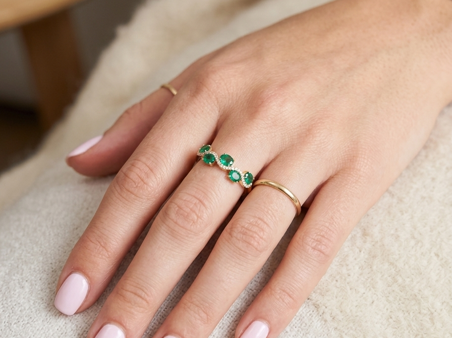 hand A half hoop ring with a very attractive line of oval cut emeralds, each 4x3mm, a lovely deep grass green hue, and with very good clarity too.
