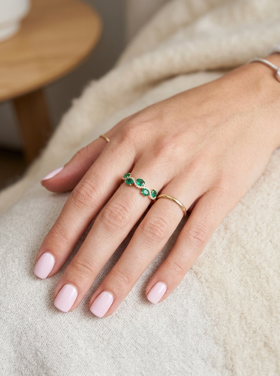 hand A half hoop ring with a very attractive line of oval cut emeralds, each 4x3mm, a lovely deep grass green hue, and with very good clarity too.