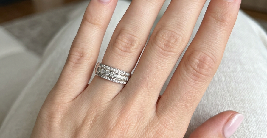 hand A lovely 18 carat white gold half hoop ring. Set with a middle row of nine bright white brilliant cut diamonds, graduate from 2.2mm to 2.6mm. The top and bottom rows are also set with small diamonds.
