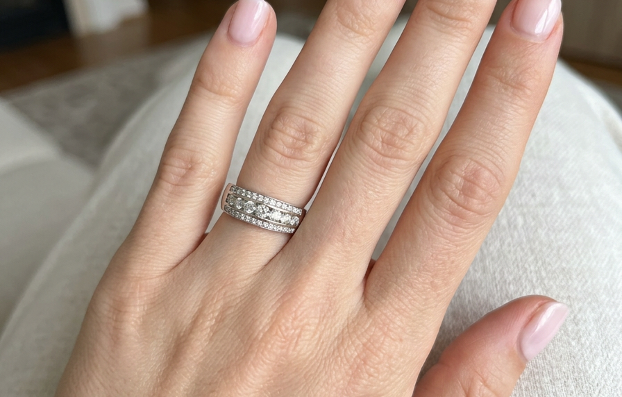 hand A lovely 18 carat white gold half hoop ring. Set with a middle row of nine bright white brilliant cut diamonds, graduate from 2.2mm to 2.6mm. The top and bottom rows are also set with small diamonds.