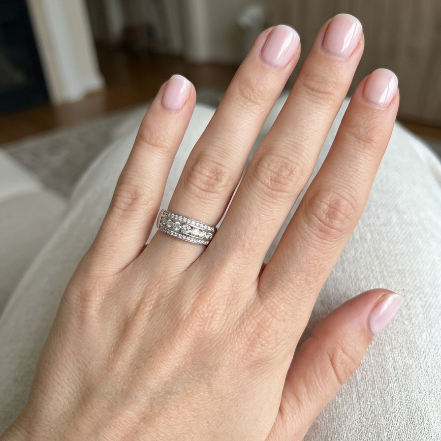 hand A lovely 18 carat white gold half hoop ring. Set with a middle row of nine bright white brilliant cut diamonds, graduate from 2.2mm to 2.6mm. The top and bottom rows are also set with small diamonds.