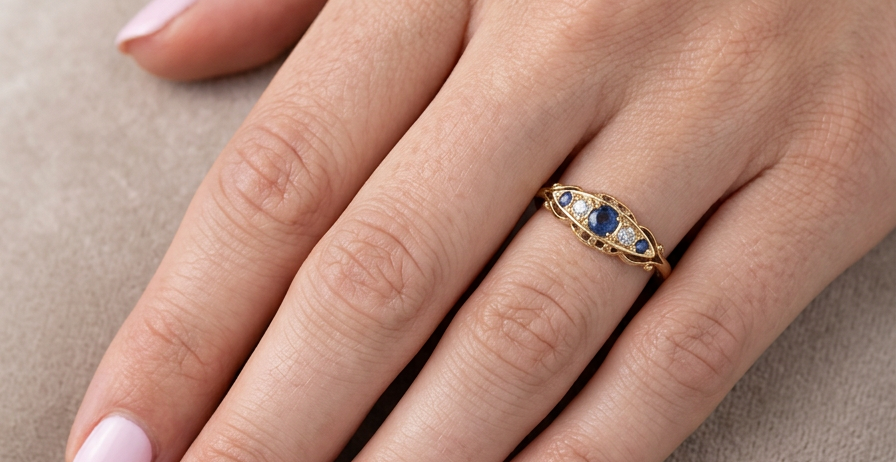 hand A lovely antique ring from the Edwardian period. Hallmarked in Chester in 1909 this ring typical for the period is set with sapphires and diamonds.