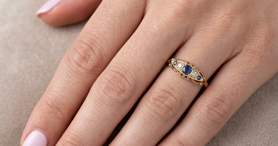 hand A lovely antique ring from the Edwardian period. Hallmarked in Chester in 1909 this ring typical for the period is set with sapphires and diamonds.