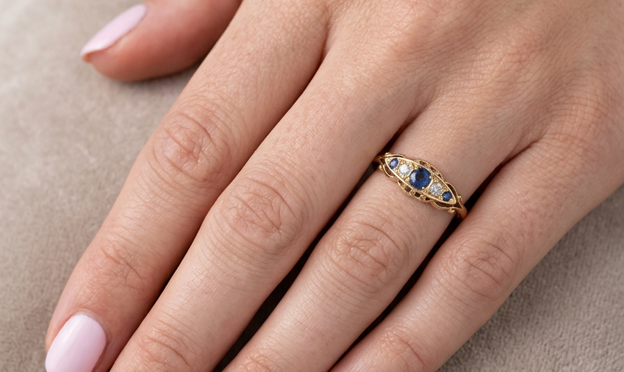 hand A lovely antique ring from the Edwardian period. Hallmarked in Chester in 1909 this ring typical for the period is set with sapphires and diamonds.