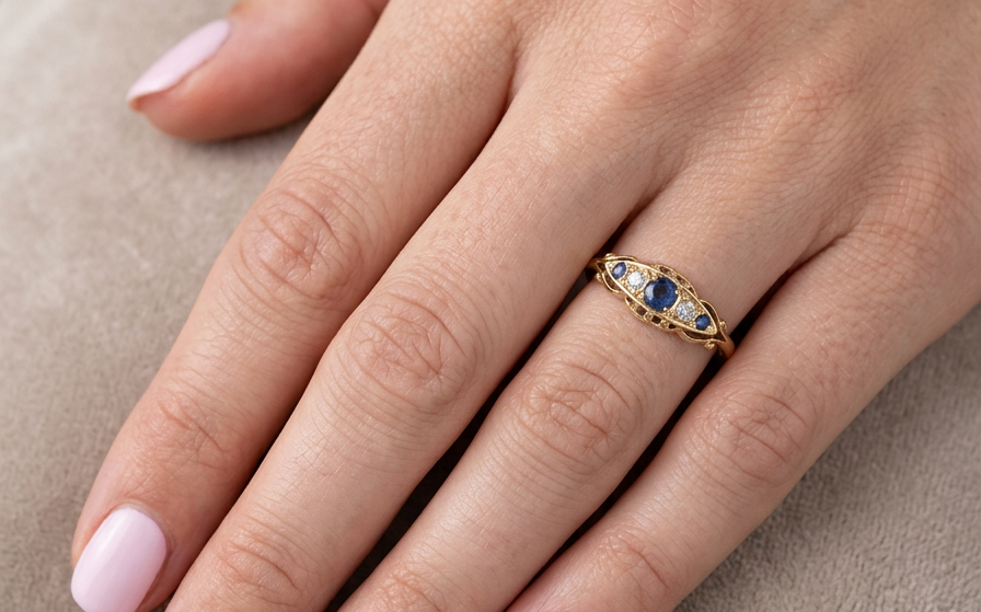 hand A lovely antique ring from the Edwardian period. Hallmarked in Chester in 1909 this ring typical for the period is set with sapphires and diamonds.