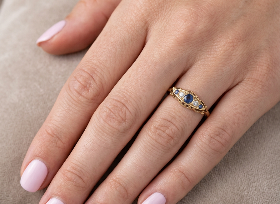 hand A lovely antique ring from the Edwardian period. Hallmarked in Chester in 1909 this ring typical for the period is set with sapphires and diamonds.