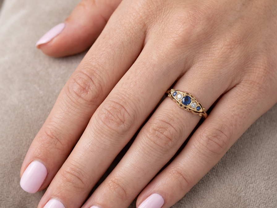 hand A lovely antique ring from the Edwardian period. Hallmarked in Chester in 1909 this ring typical for the period is set with sapphires and diamonds.