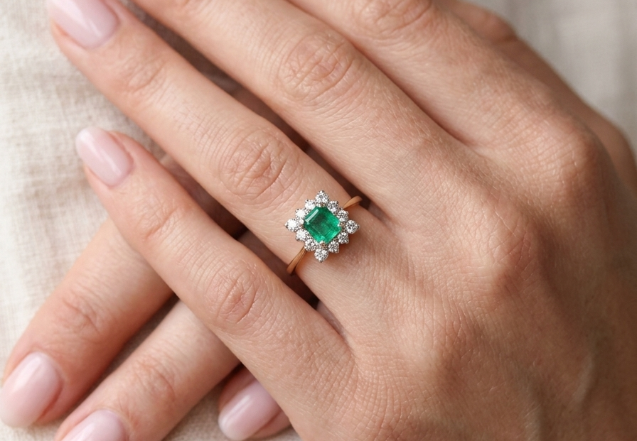 hand A lovely cluster ring that features to the centre a rectangle shaped emerald, 7x5mm. Shows a deep grass green colour which does have natural inclusions common with most emeralds, but the depth of colour is impressive.
