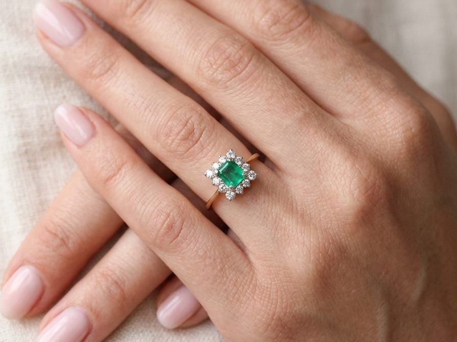 hand A lovely cluster ring that features to the centre a rectangle shaped emerald, 7x5mm. Shows a deep grass green colour which does have natural inclusions common with most emeralds, but the depth of colour is impressive.