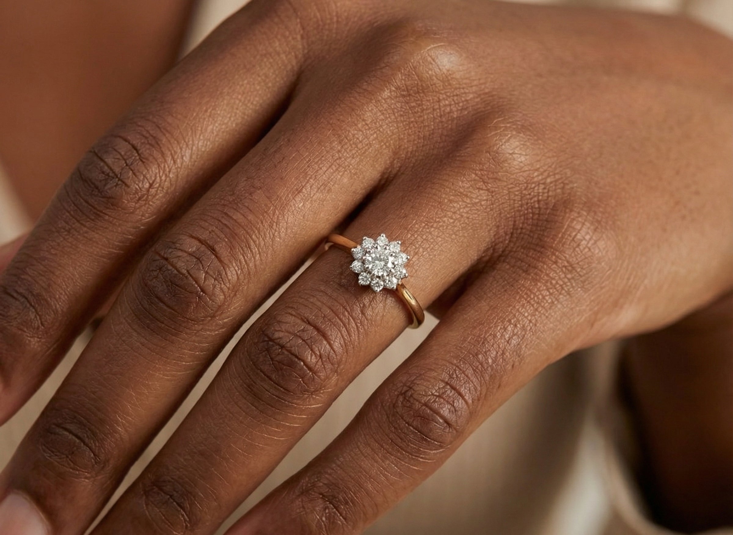 hand A lovely well proportioned cluster ring. Features to the centre a 5mm brilliant cut white diamond