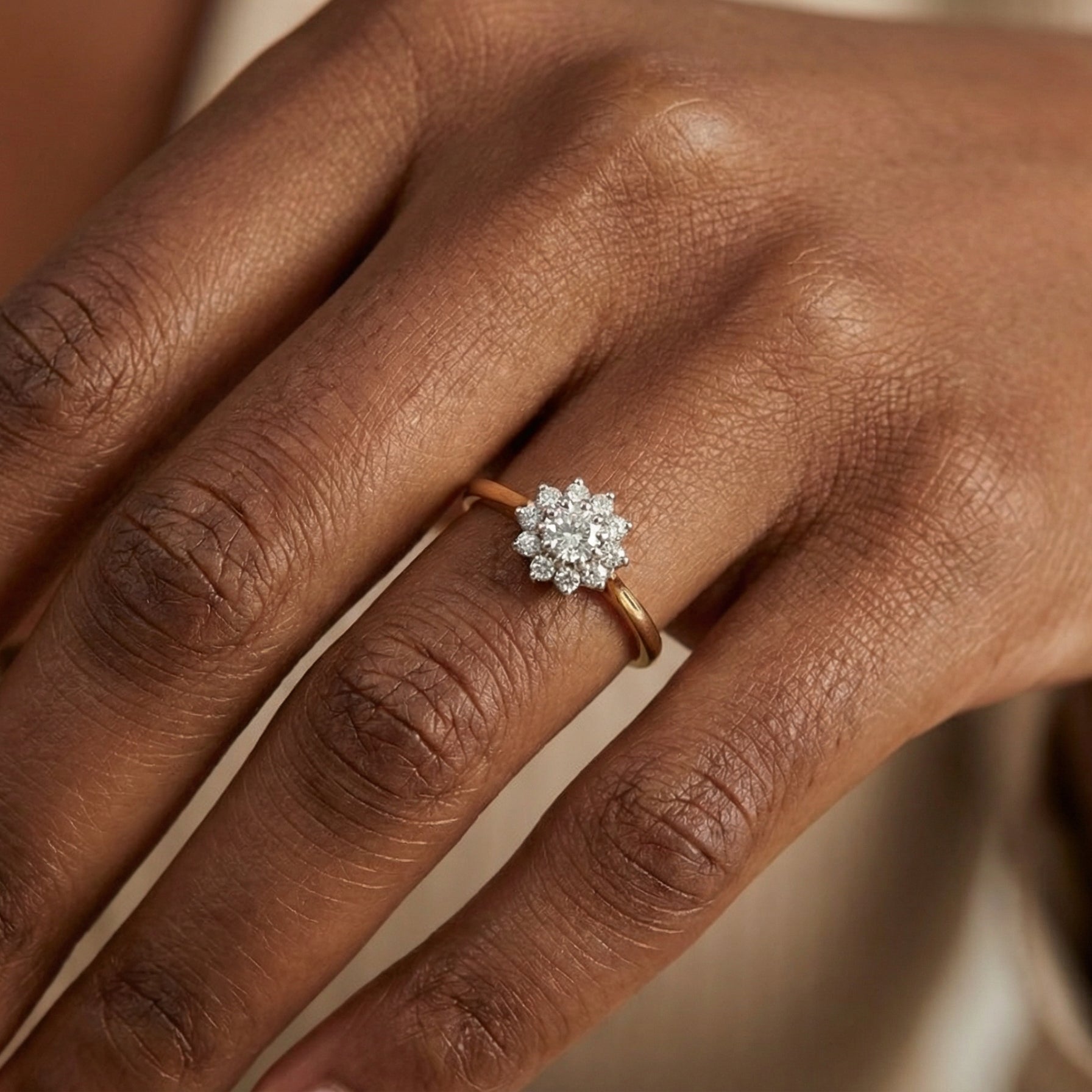 hand A lovely well proportioned cluster ring. Features to the centre a 5mm brilliant cut white diamond