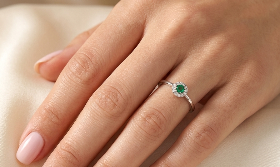 hand A mini cluster fashioned in 18 carat white gold. The round emerald measures 2.7mm (0.05 carats) 