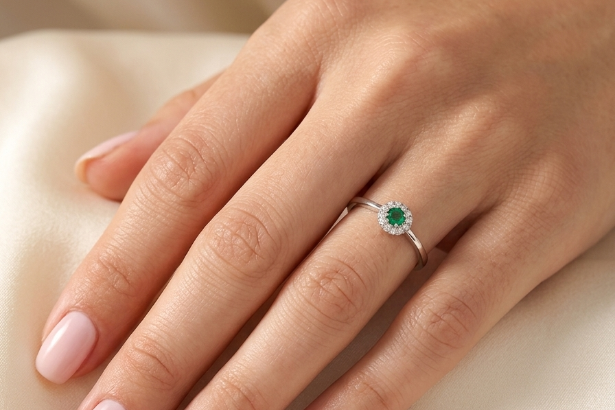 hand A mini cluster fashioned in 18 carat white gold. The round emerald measures 2.7mm (0.05 carats) 