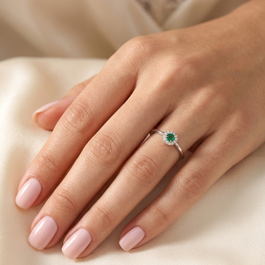 hand A mini cluster fashioned in 18 carat white gold. The round emerald measures 2.7mm (0.05 carats) 