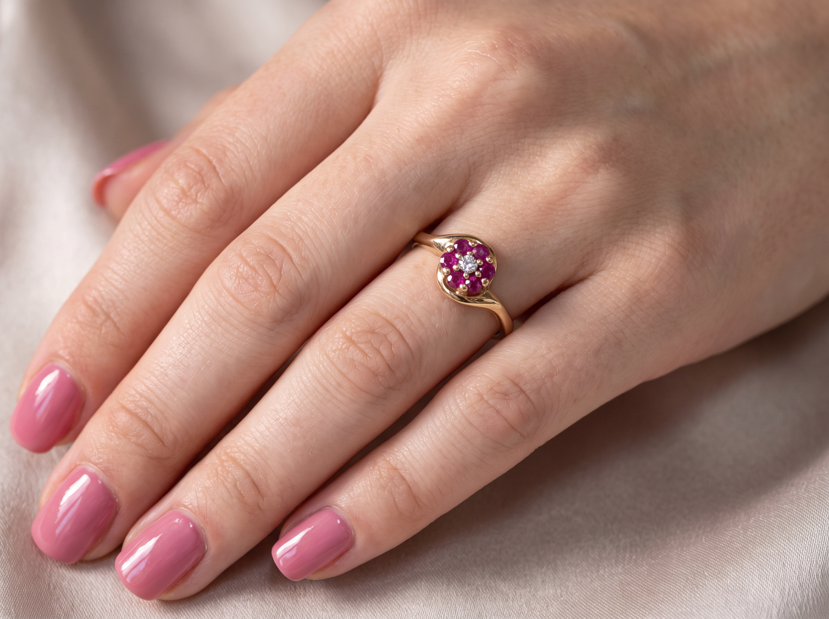 hand A modern 9 carat gold cluster ring. At the centre a small diamond, this complimented by an outer halo of six 2.4mm rubies (each 0.05 carats)