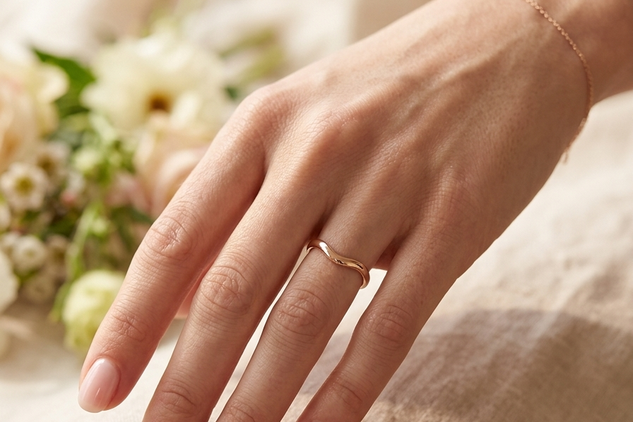 hand A narrow 18 carat yellow gold wedding ring. This has a U shape which makes the placing of a cluster or even a solitaire engagement ring that much easier to place against as it will sit with the 'U'